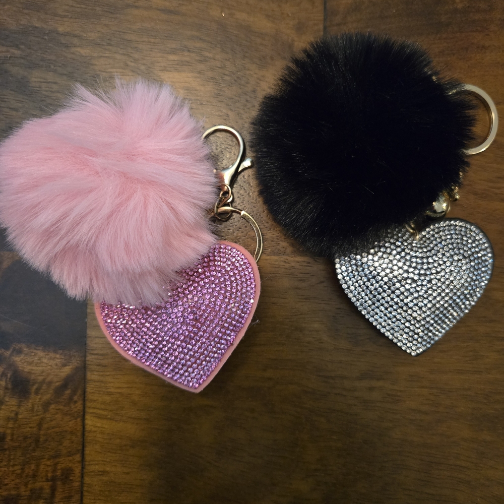Pink and Black Pom Pom Heart Keychain set